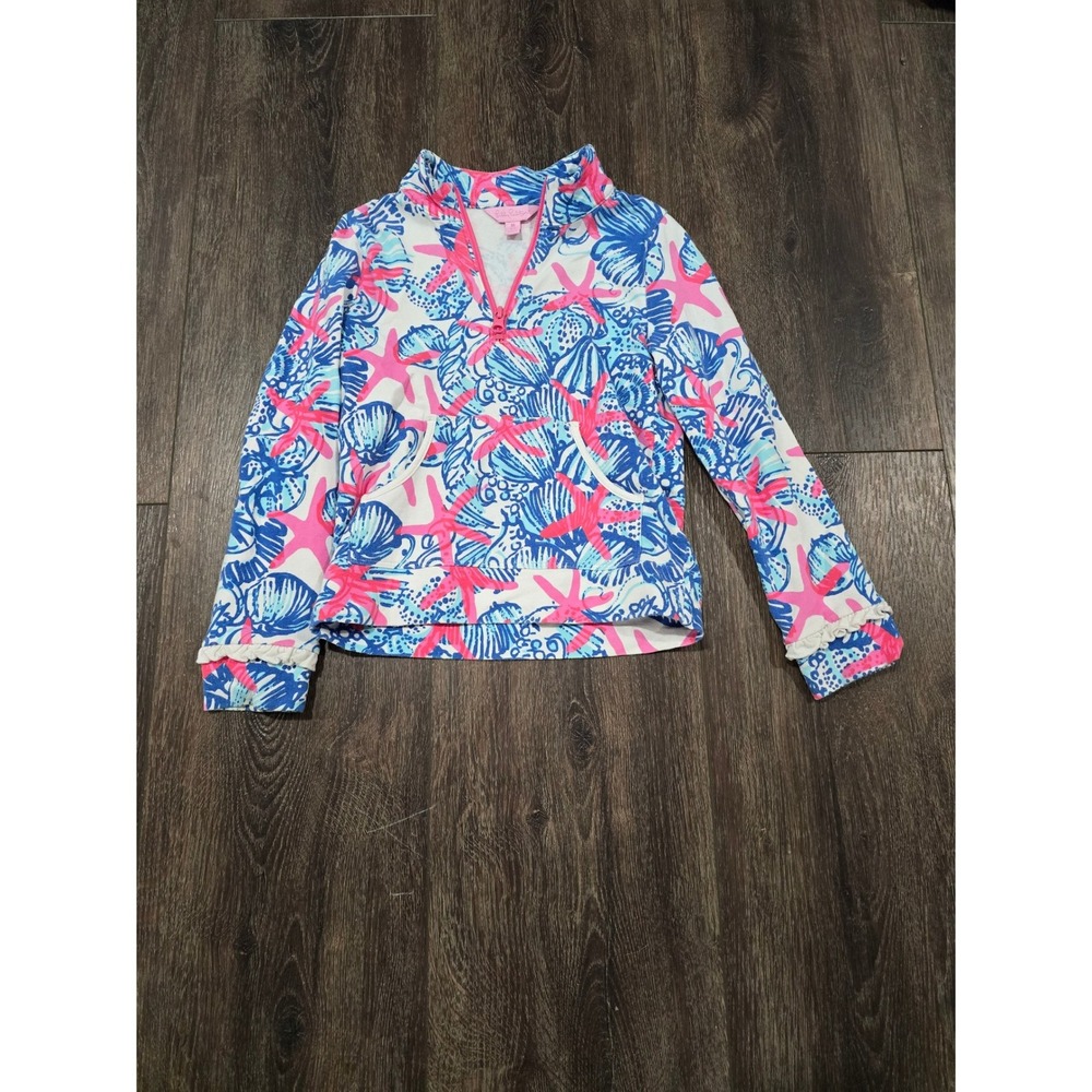 Lilly Pulitzer Girl Popover Starfish Seashell Print Blue Pink lace ruffles M 6-7